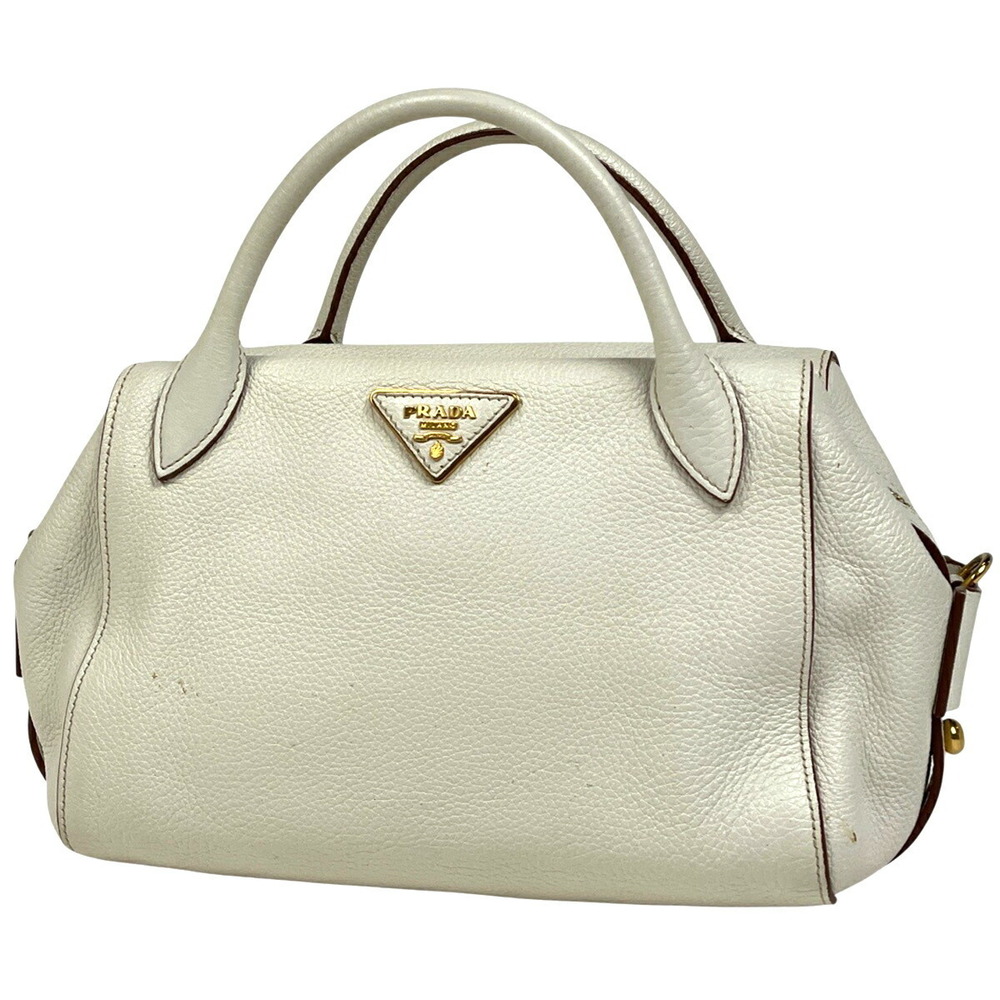 Prada Logo Plate Handbag Shoulder Bag Leather White
